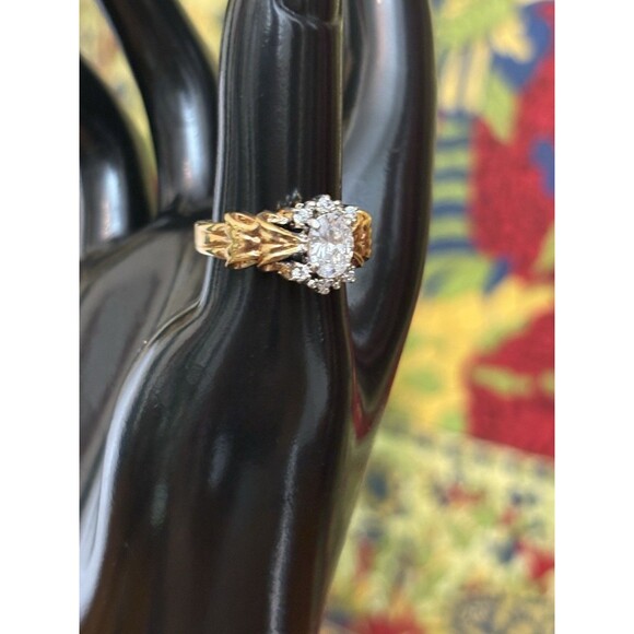 Vintage 14K Gold Electroplated Bow Shaped Cubic Zirconia Ring Size 9 Statements - Picture 8 of 14